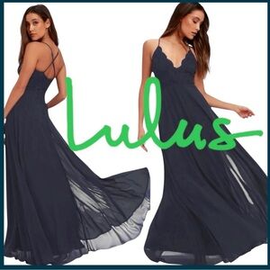 Lulus Madalyn Navy Lace Chiffon Maxi Dress (XS)